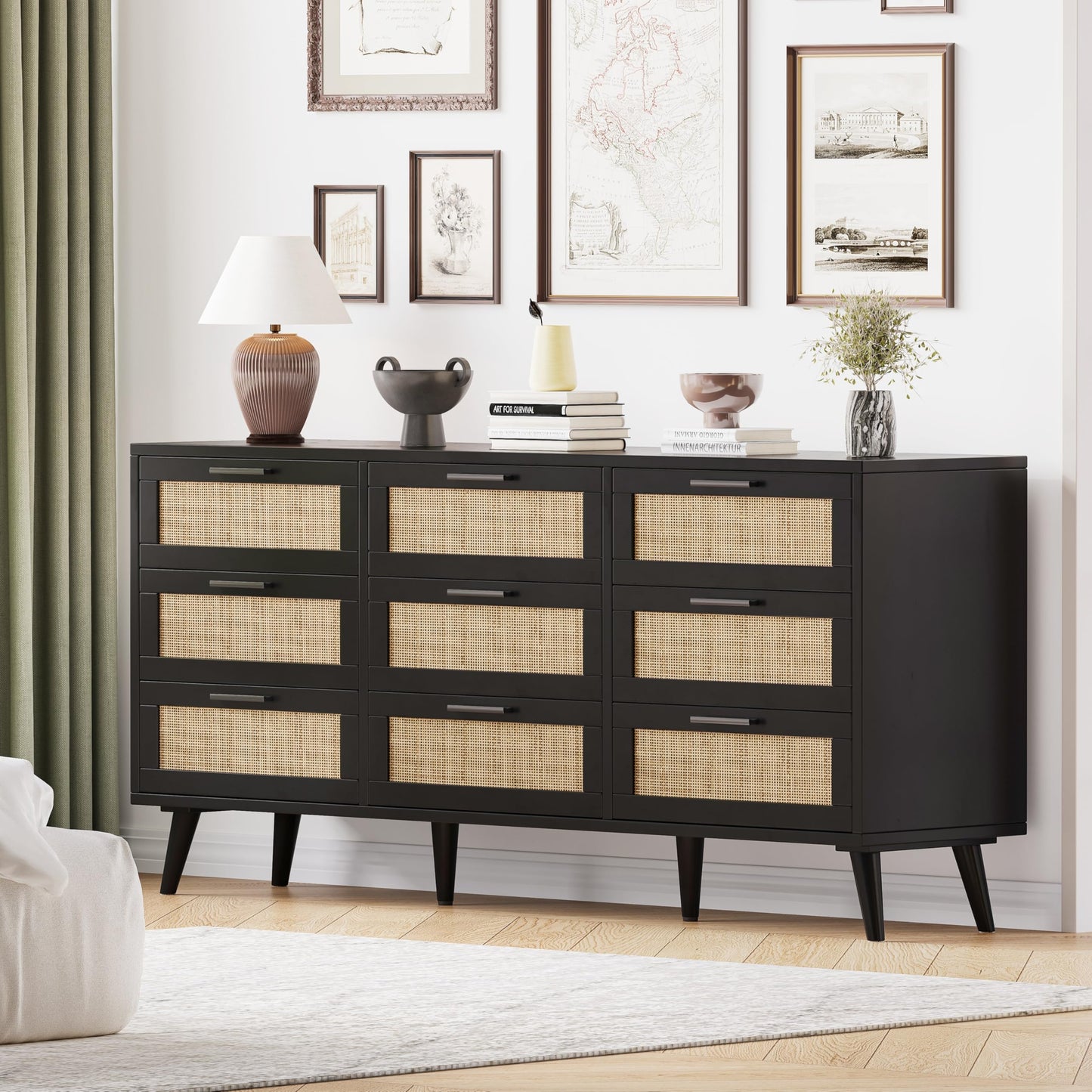 Rovaurx 9 Drawer Double Dresser for Bedroom, Rattan Chest of Dressers, Modern Wooden Dresser Chest with Golden Handles, Beside Table for Closet, Living Room and Entryway, Black and Natural