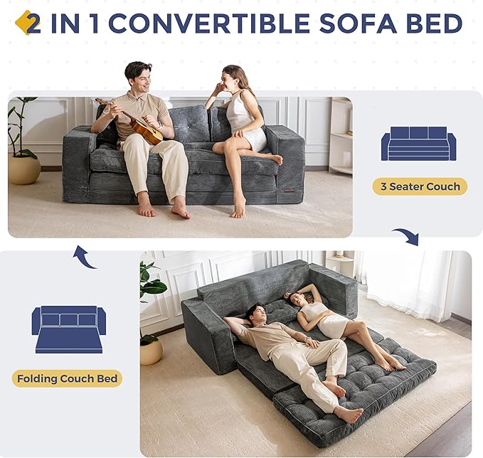 MAXYOYO Convertible Sofa Bed, Pull Out 3 Seater Sleeper Sofa, 2 in 1 Folding Couch Bed, Fold Out Floor Couch with Pillows for Living Room Bedroom Lounge, Dark Grey