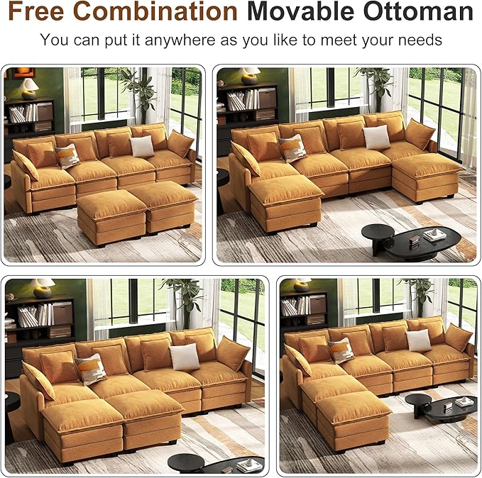 107" Cloud Couch Sectional, U Shaped Modular Sectional Sofa, 4-Seat Deep Seat Couch with 6 Removable Washable Pillows and 2 Ottoman for Living Room, Bedroom, Apartment, Orange