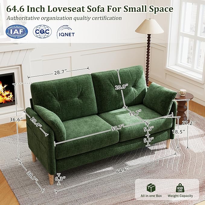 Hanherry Loveseat Sofa, 64.6" Small Couch for Living Room, Comfy Chenille Fabric Love Seat for Bedroom with Throw Pillow,Removable Cushion Cover,Couches for Small Space,Apartment,Dorm