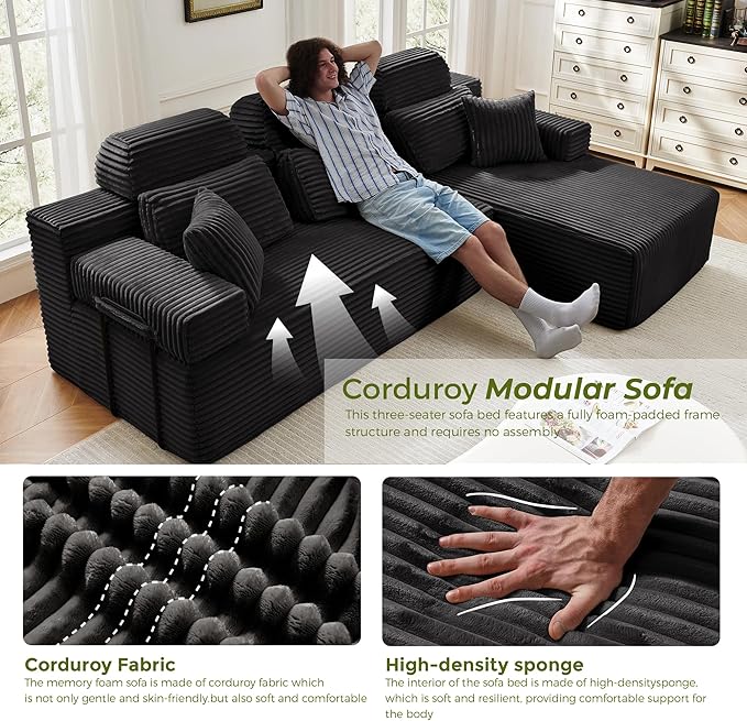 104" L-Shaped Cloud Modular Sectional Sofa with Chaise & Headrest, Boneless Deep Seat Plush Corduroy Couches for Large Living Room, No Assembly Required (Black, 104" L-shapred Chaise)