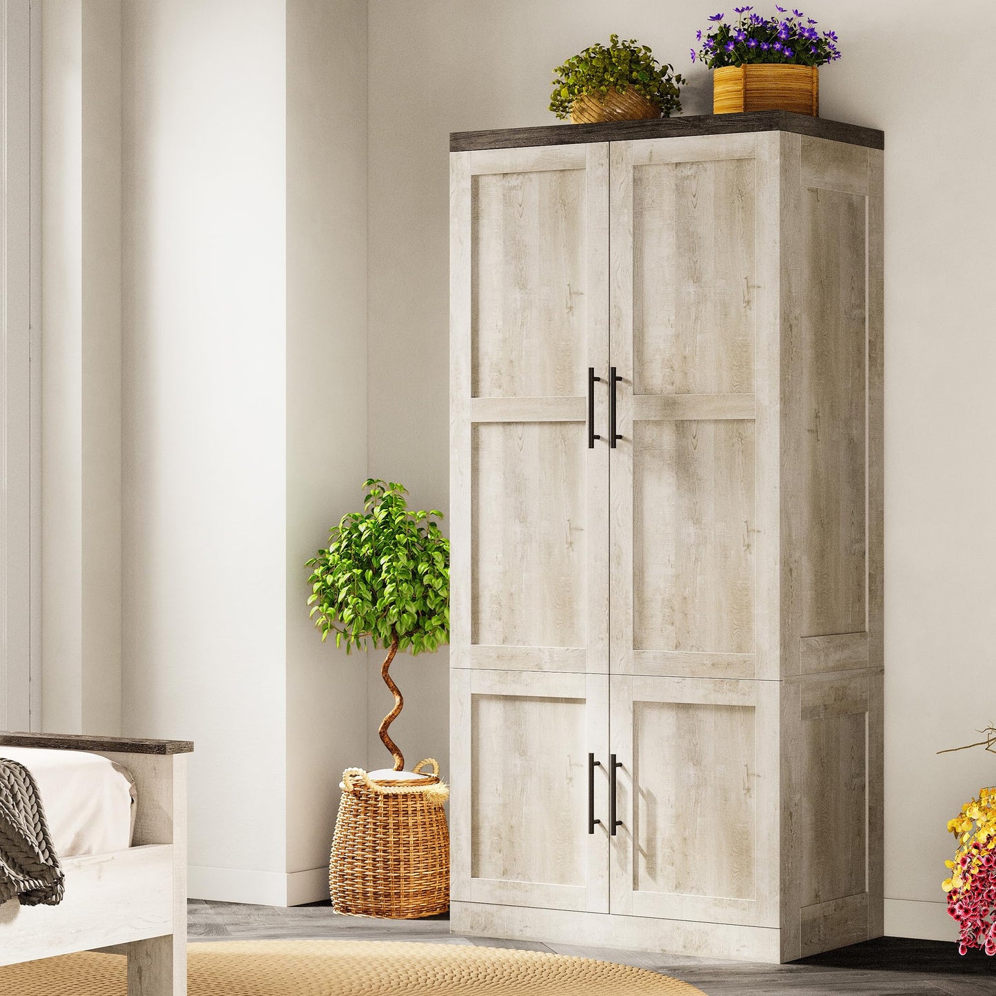 LIKIMIO Large Wardrobe Closet, Farmhouse Clothing Storage Cabinet with Hanging Rod and 2 Doors, Wooden Tall Bedroom Armoires with Storage Shelves, Rustic White