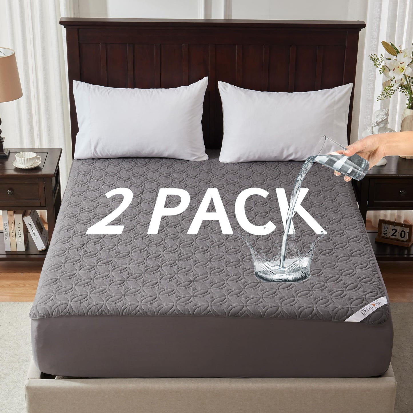 BEDLORE 2 Pack Waterproof Mattress Protector, Twin XL Size Mattress Pad with Deep Pocket 6"-15" Depth, Soft Breathable Bed Mattress Cover for Bedroom, College Dorm (Gray)