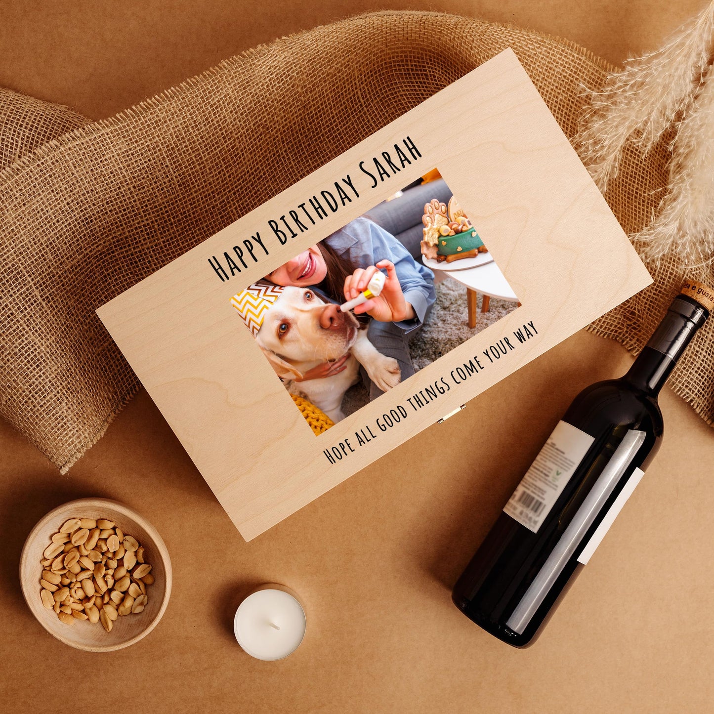 Creative Deco Personalized Wine Wooden Box Gift Storage | 2 Bottles | Text + Photo | 13.77x7.87x3.93in | Natural Wood Holder | Luxury Box Christmas Birthday Wedding Valentine’s Day | UV Print
