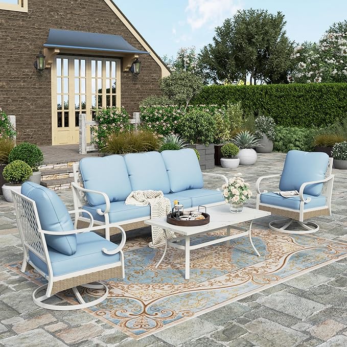 HERA'S HOUSE Patio Furniture Set with Metal & Rattan Design 4-Piece, 2 x Swivel Chairs, 1 x 3-Seat Sofa & Marble Coffee Table, All-Weather Outdoor Conversation Set for Garden Backyard Lawn, Blue