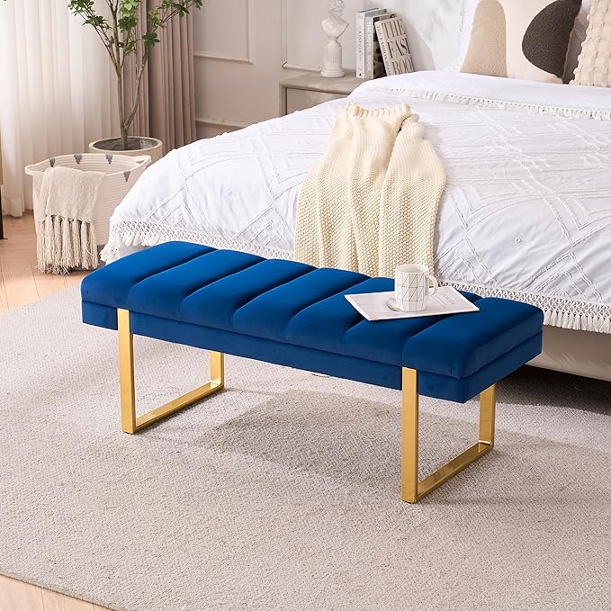 AIITTCC Velvet Ottoman Bedroom Bench, 46.5" Tufted Padded End of Bed Bench with Gold Legs, Upholstered Shoe Bench for Living Room Entryway Window (Navy Blue, 46" Wide)