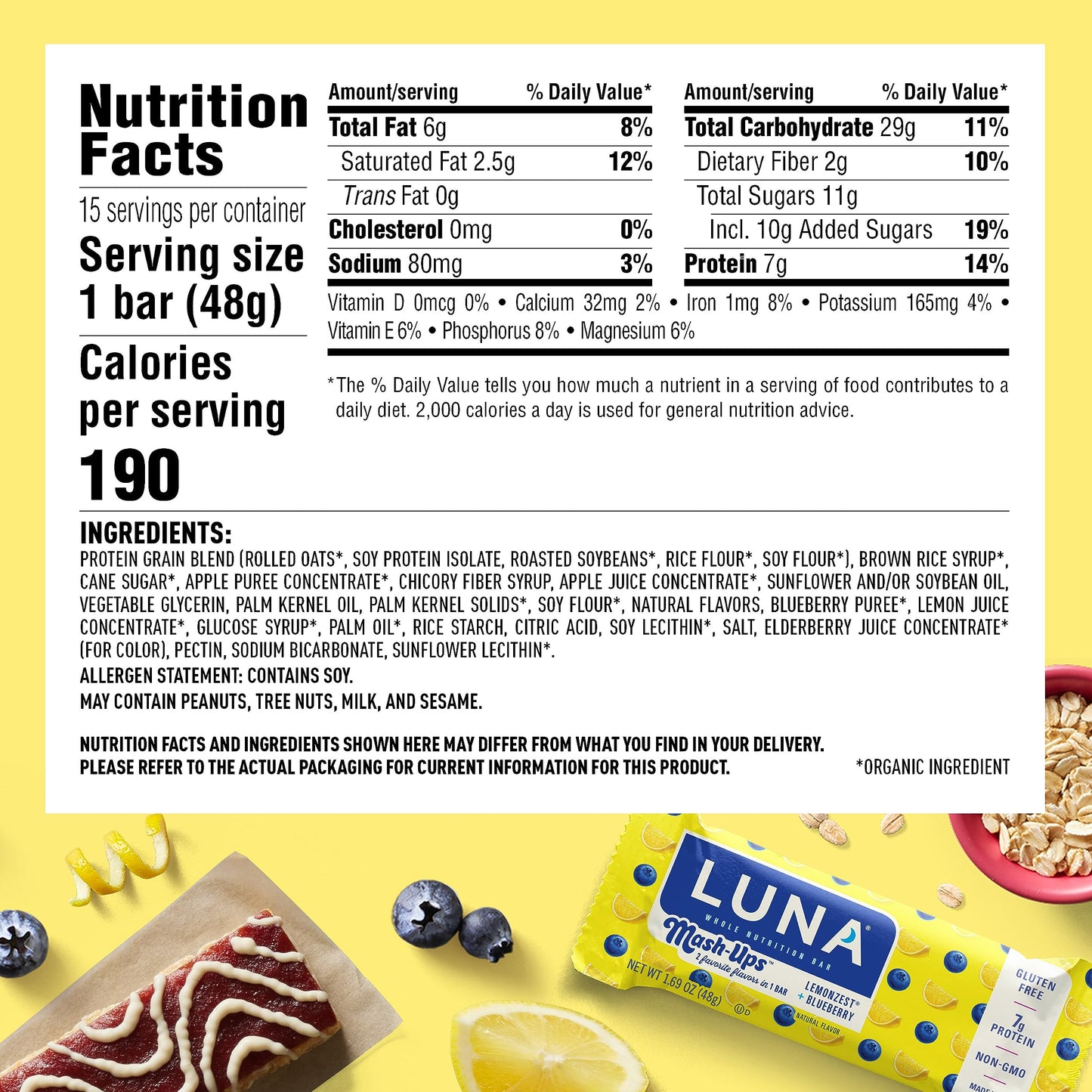 LUNA Bar - Mash-Ups LemonZest + Blueberry Flavor - Snack Bars - Non-GMO - Gluten-Free Protein Bars - Made with Organic Oats (15 Pack)