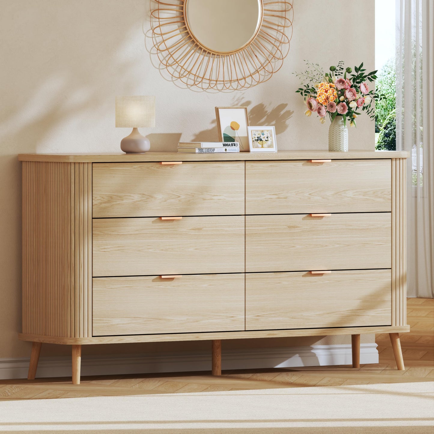 HUAHUU Fluted 6 Drawers Dresser for Bedroom, 55" Mid Century Modern Dresser & Chests of Drawers, Curved Profile Design, Dressers TV Stand, Wood Storage for Hallway, Entryway, Oak