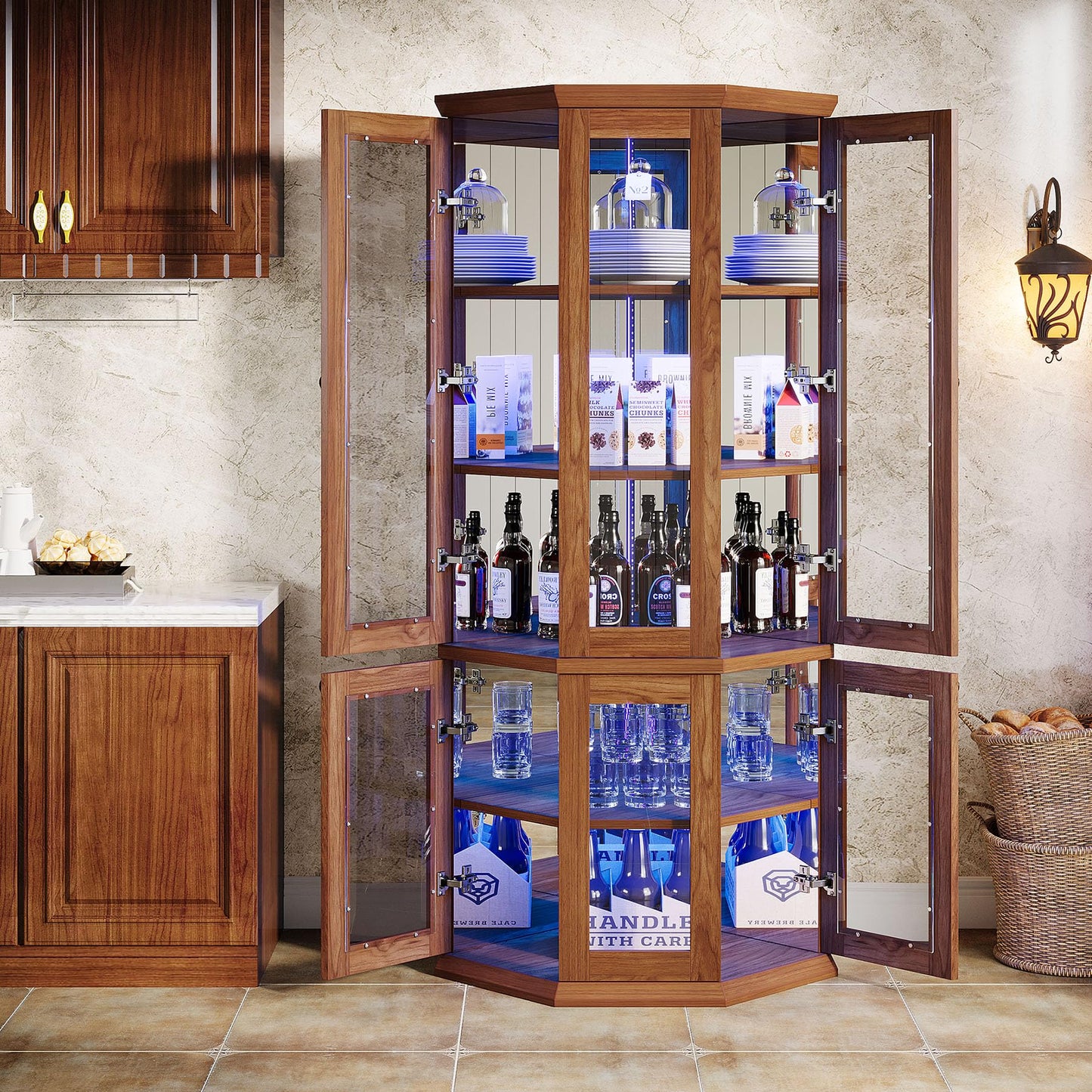 Tribesigns 70.87-Inch Corner Bar Cabinet, Tall Modern Corner Wine Cabinet with Doors & LED Lights, 5-Tier Home Bar Liquor Cabinet for Dining Room, Living Room, Kitchen, Rusitc Brown