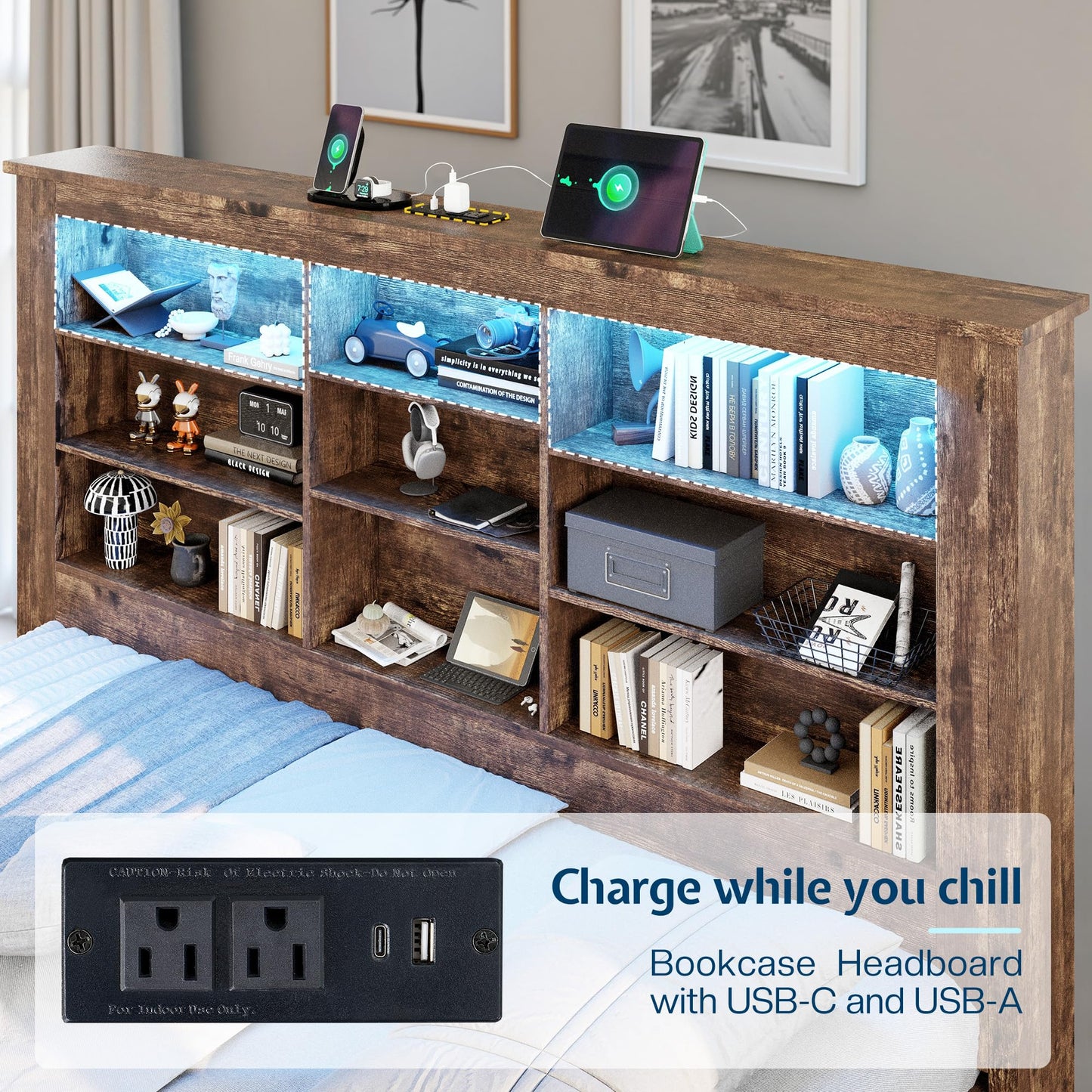 Jocisland Twin Daybed with Bookcase Headboard, USB-C Charging, RGB Lights & 3 Drawers, No Box Spring Needed, Wood Bed Frame for Teens, Dorms, Guest Room, Rustic Oak