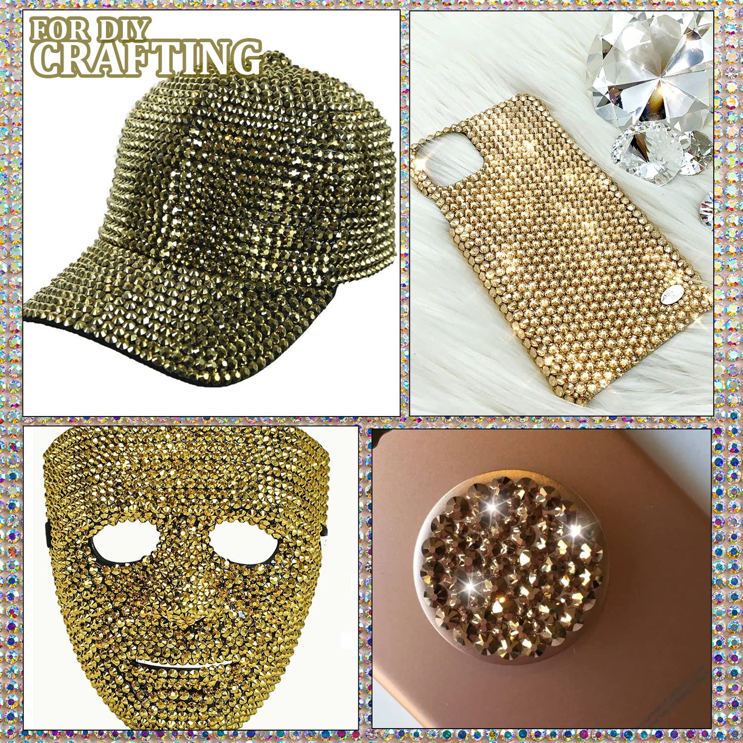 One Pack 2000 Pcs of Flatback Round Mineral Gold Rhinestones 6 Sizes (1.5-6 mm) with Nail Art Rhinestone Picker Pencil and Tweez