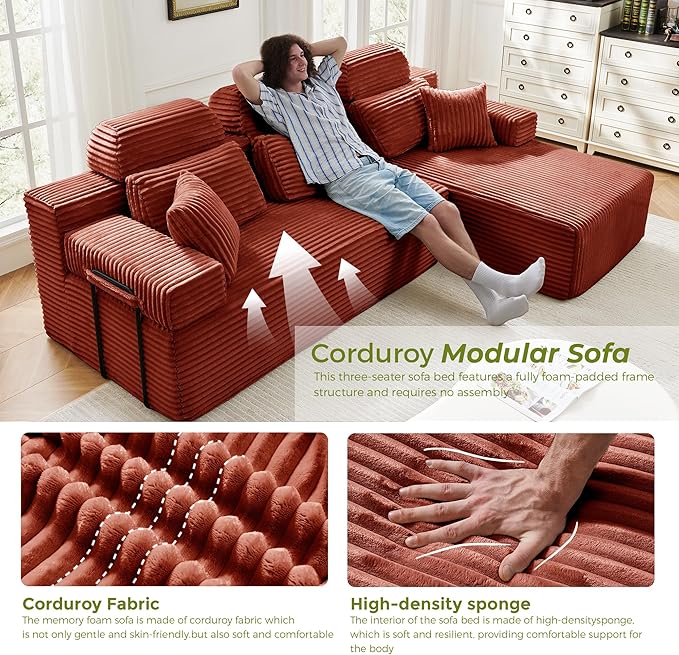 104" L-Shaped Cloud Modular Sectional Sofa with Chaise & Headrest, Boneless Deep Seat Plush Corduroy Couches for Large Living Room, No Assembly Required (Orange, 104" L-shapred Chaise)
