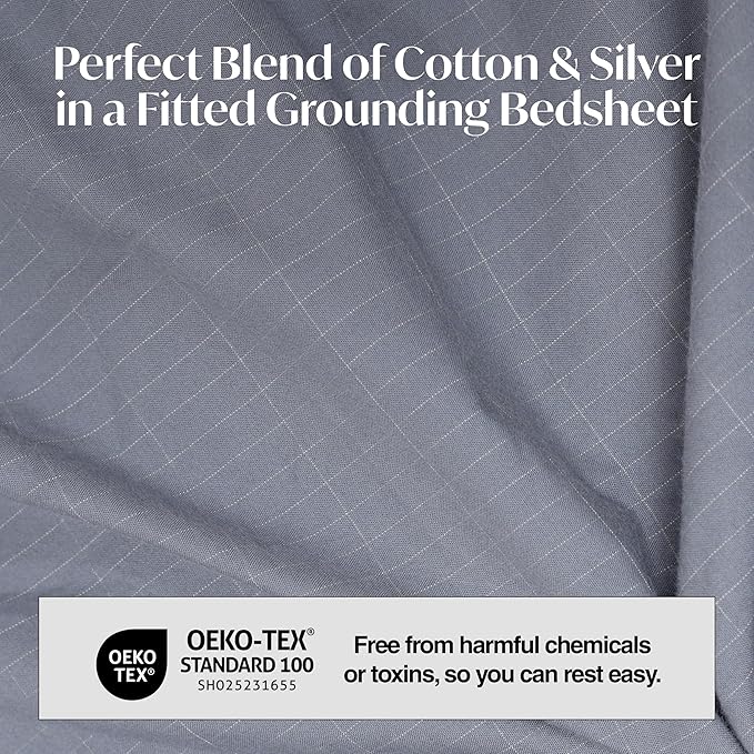 Grounding Sheets Queen Size 60x80x13.5 Inches - Organic Cotton & Silver Fiber Composition, Gray Grounded Bed Sheets Queen Size for Overall Improved Wellbeing, with 15 ft Grounding Cord
