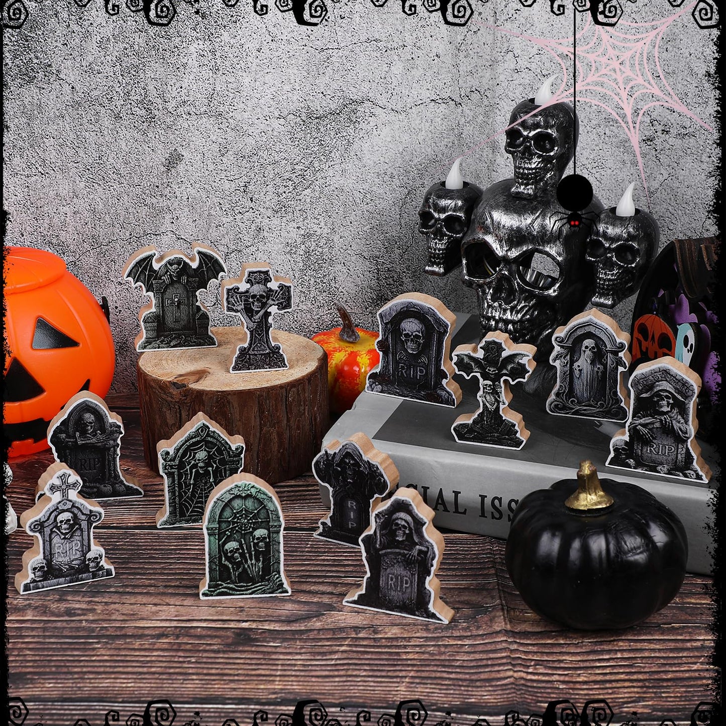 DIYASY 12 Pcs Halloween Miniature Tombstones Figurines, Mini Resin Graveyard Gravestone Tiny Village Headstones Accessories for Graves DIY Crafts Outdoor Home Fairy Garden Dollhouse Decor