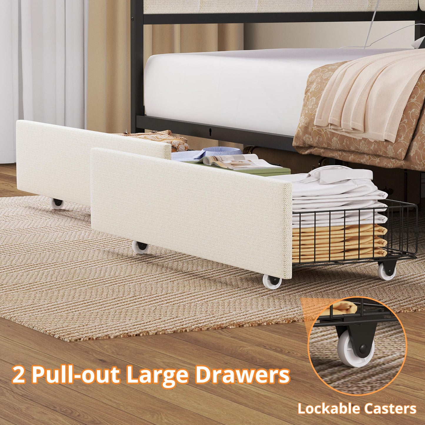 ANCTOR Twin Corner Bed Frame with 2 Storage Drawers, Daybed with LED Lights and Charging Station, Metal Platform Bed Frame for Living Room, Bedroom and Guest Room, Beige