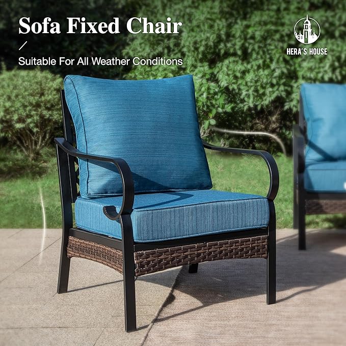 HERA'S HOUSE 4 Piece Metal Patio Furniture Set, All Weather Outdoor Conversation Set with 3 Seat Sofa, 2 x Cushioned Fixed Chairs & Coffee Table, Seats 5 for Backyard, Garden, Deck, Pacific Blue