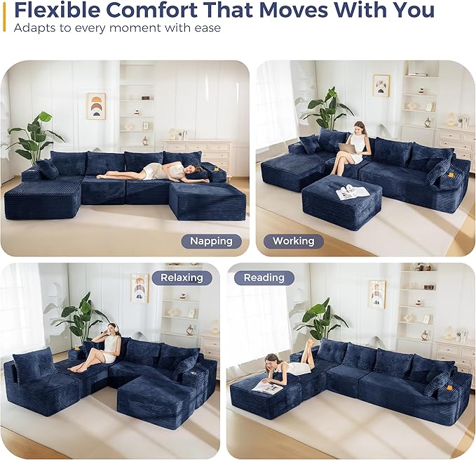 MAXYOYO 132" Giant U-Shaped Modular Sectional Couch, Modern Boneless Couch for Living Room, Sofa in A Box, Oversized Sofa Sleeper with Deep Seat, No Assembly Required, Navy
