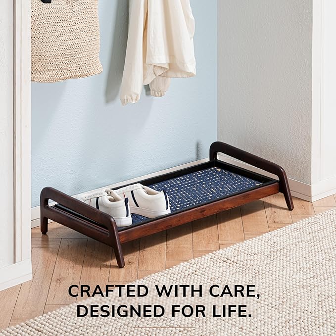 Anji Mountain Heavy Duty Waterproof Wooden Shoe Storage Mat Organizer/Boot Storage Tray Multi Use for Entryway with Coir, Blue and Ivory Insert, 1 Tier, Fits 3 Pair (36.5" Wide)