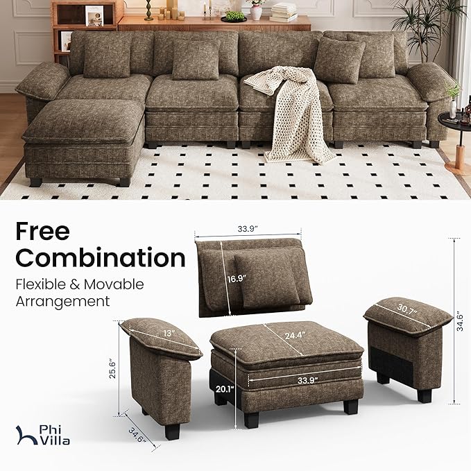 PHI VILLA Cloud Modular Couch Sets, 157.5" Sectional Sofa with L-Shaped Chaise, 5-Seater Upholstered Couches with Movable Ottoman for Living Room, Chenille Fabric, Taupe