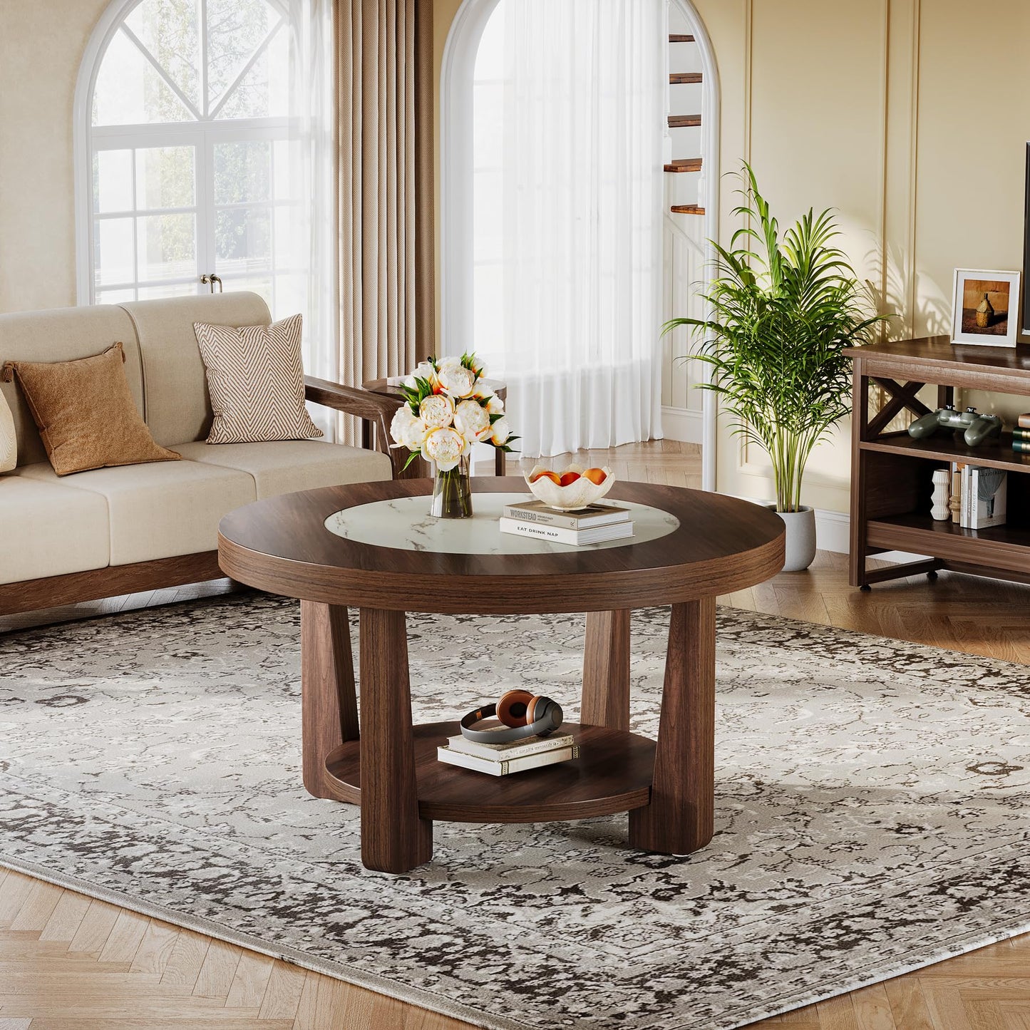 Tribesigns Coffee Table, 2-Tier Round Coffee Table with Heavy-Duty Wood Tabletop for Living Room, Industrial Circle Wood Accent Center Table with Storage, Brown and White