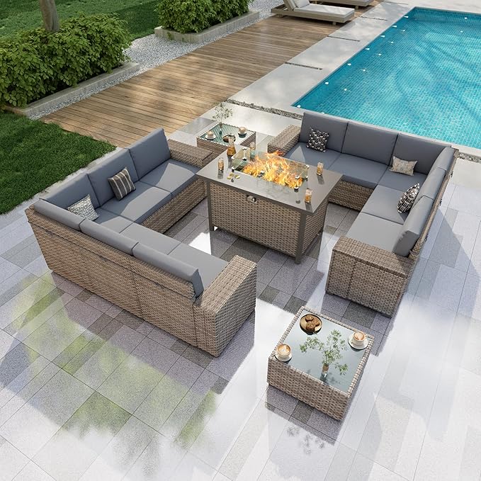 PCSXDSW 13-Piece Outdoor Patio Furniture Set, Rattan Wicker Conversation Set with Wide Armrests, Outdoor Modular Sectional Couch Seating Group Sofa with Fire Pit for Deck Garden Porch (Gray Cushions)