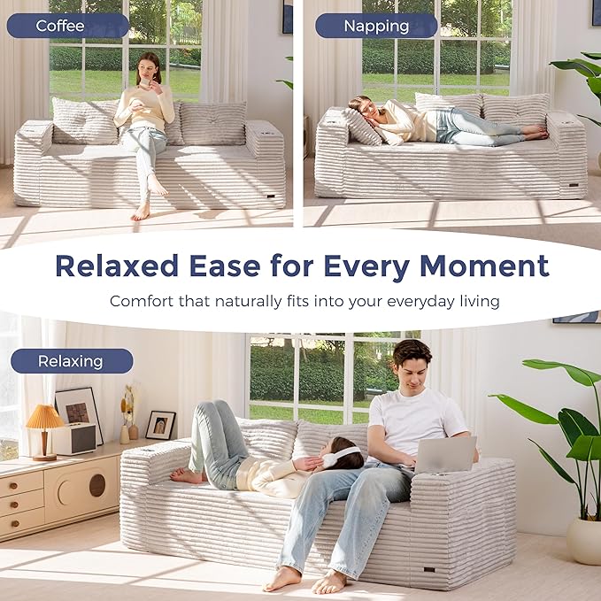 MAXYOYO 79" Oversized Boneless Loveseat Sofa Couch for Small Spaces, Mini Love Seat Floor Couch with Cup Holders and Pillows, 3-Seater Upholstered Cloud Couch for Bedroom, No Assembly Required
