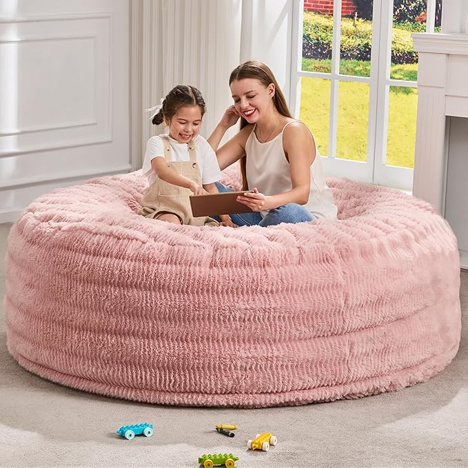 Hobestluk Bean Bag Chairs Beanbag Chair with Filler Adult Bean Bags with Fluffy Ripple Cover, Giant Bean Bag Chairs for Adults (Pink, 6FT - 70" x 70" x 15")
