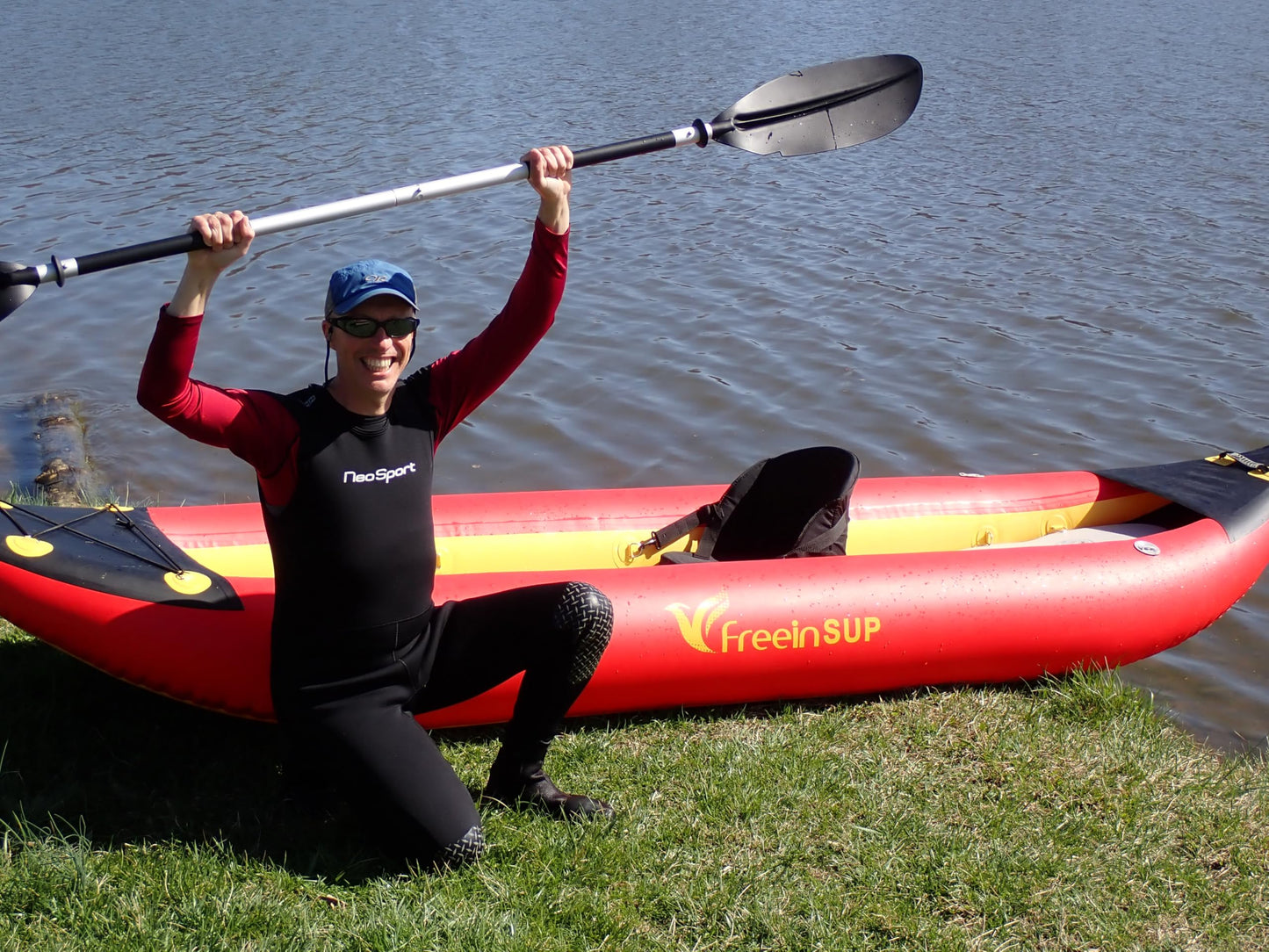 Freein 1-2 Person Professional Series Inflatable Kayak Set with Paddle, Seat, Fin, High-Output Air Pump, Carry Bag, 12'6" Emergency Sit-in Boat