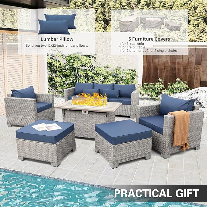 WAROOM Patio Furniture Set 6 Piece Grey Wicker Outdoor Sectional Sofa Balcony Furniture Couch PE Rattan Conversation Sets with Fire Pit Table, Blue Cushion