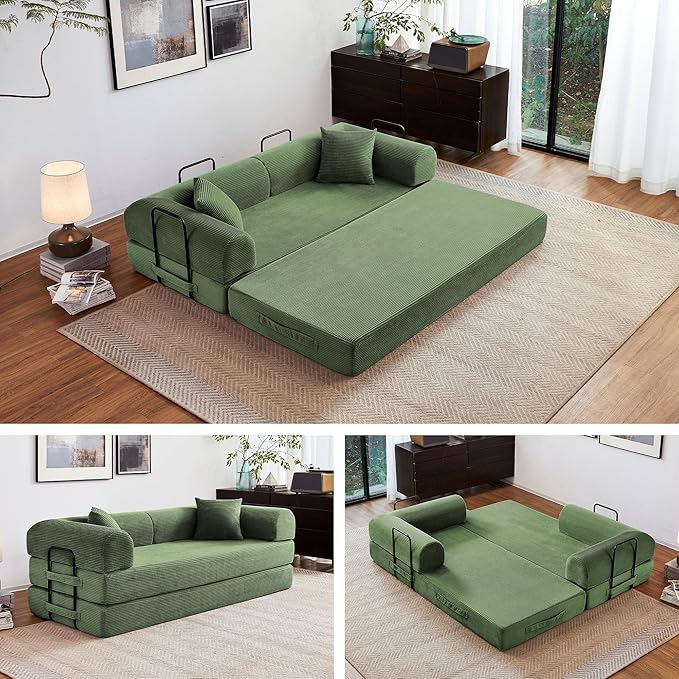 79" 5-in-1 Folding Convertible Sofa Bed, Oversized Corduroy Futon Floor Couch with Pull-Out Sleeper, Modular Boneless Loveseat for Small Spaces, Living Room, Bedroom(Dark Green)