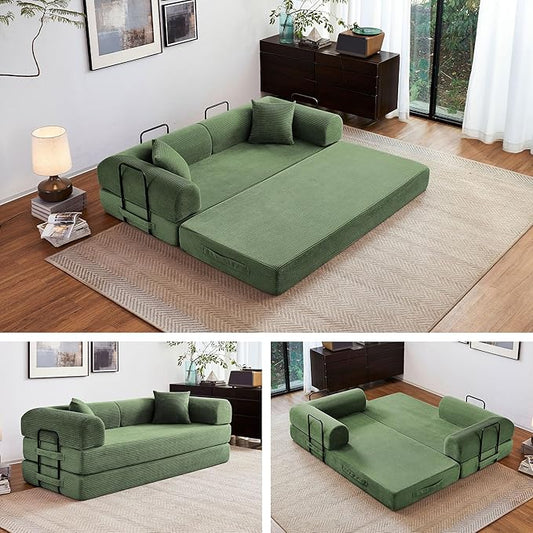 79" 5-in-1 Folding Convertible Sofa Bed, Oversized Corduroy Futon Floor Couch with Pull-Out Sleeper, Modular Boneless Loveseat for Small Spaces, Living Room, Bedroom(Dark Green)