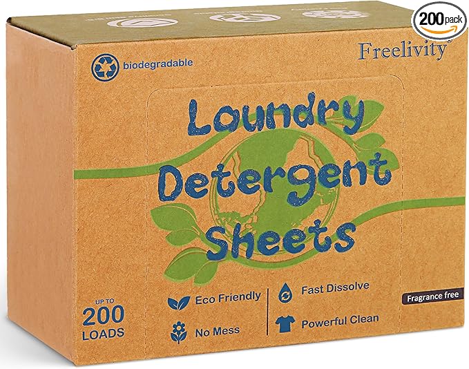Freelivity Laundry Detergent Sheets, 200 Loads Fragrance Free Eco-Friendly Laundry Soap Strips - No Plastic Jug Hypoallergenic Liquid Less Dissolvable Space Saving Sheets for HE machine, travel, home