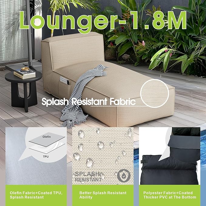 OPEAK Outdoor Bean Bed Chair Sun Lounger, Outdoor Couch Sofa for Patio & Pool, Foam Filling Day Bed Furniture, Comfy Lazy Sofa for Outside, Water-Resistant Seating Lounge Chair, Light Beige