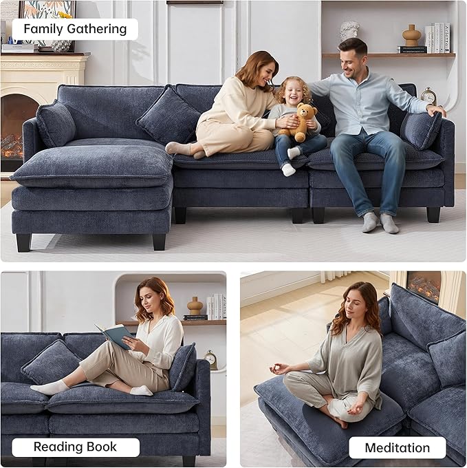 Opiesit 108" Modular Sectional Couches for Living Room with Ottoman, L Shaped Cloud Couch with Charger, USB & Type-c Port, Comfy 4 Seats Sofas with Deep Seat, Chenille Fabric, Blue