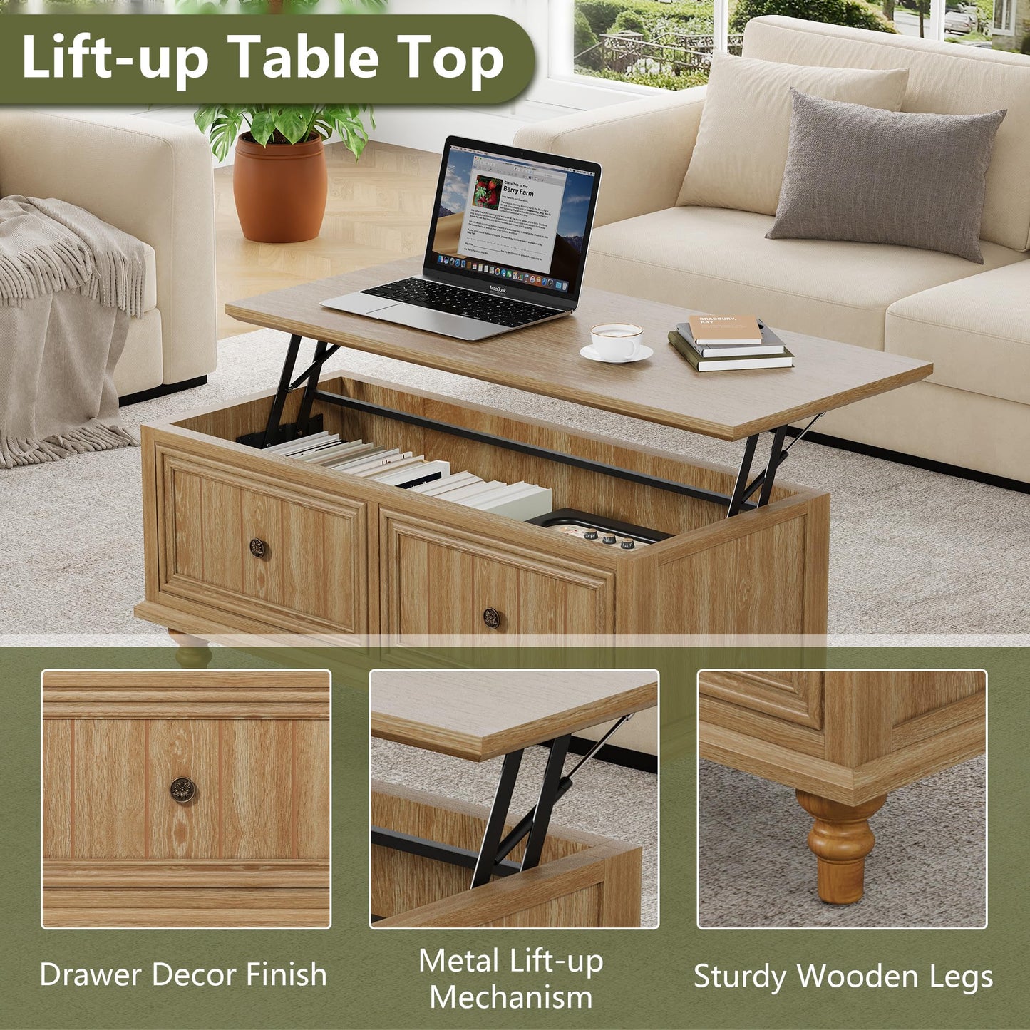MAHYIZYI 39" Lift Top Coffee Table for Hidden Compartment, Wood Coffee Tables with Shelf, Farmhouse Rectangular Center Table Dining Table for Living Room Home Office Small Space (Natural)