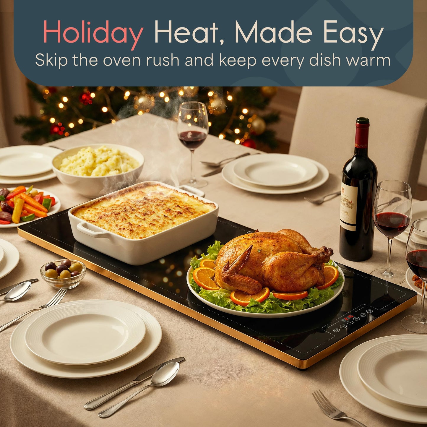 Culvani ThermaPlate XL Warming Tray | 39"x14" Glass Electric Food Warmer for Parties, Buffets & Dinners | 1" Thin Countertop Hot Plate, | Adjustable Presets, Sleek Touch Controls, Safe Design
