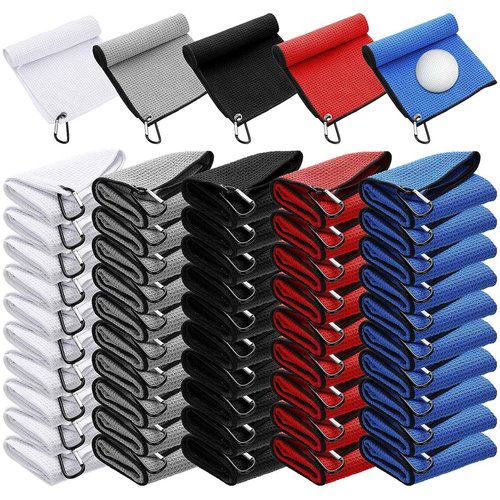Batiyeer 50 Pcs Golf Towels Bulk for Bags 16'' x 16'' Microfiber Waffle Pattern Golf Towel with Clipfor Mini Tournament, Club, Yoga, Fitness (Multi Colors)
