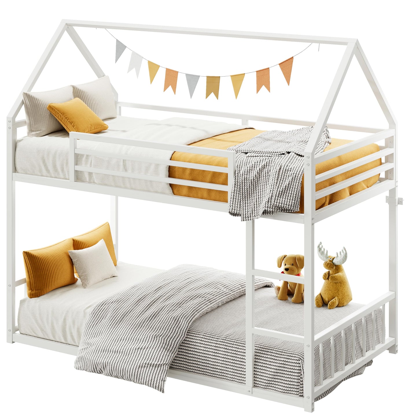 LIKIMIO Bunk Bed Twin Over Twin, House Bunk Bed Frame with Ladder and Guardrail, House Shaped with Metal Slats for Dormitory and Bedroom, Space Saving, No Box Spring Needed, White