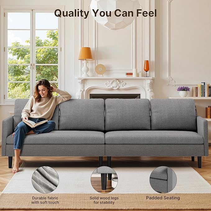 Gizoon Convertible Sectional Sofa, Convertible to L-Shaped Sofa, Linear and Sofa Bed, with Comfortable and Soft Fabric, Four Pillows, for Living Room, Apartment and Office, Light Gray