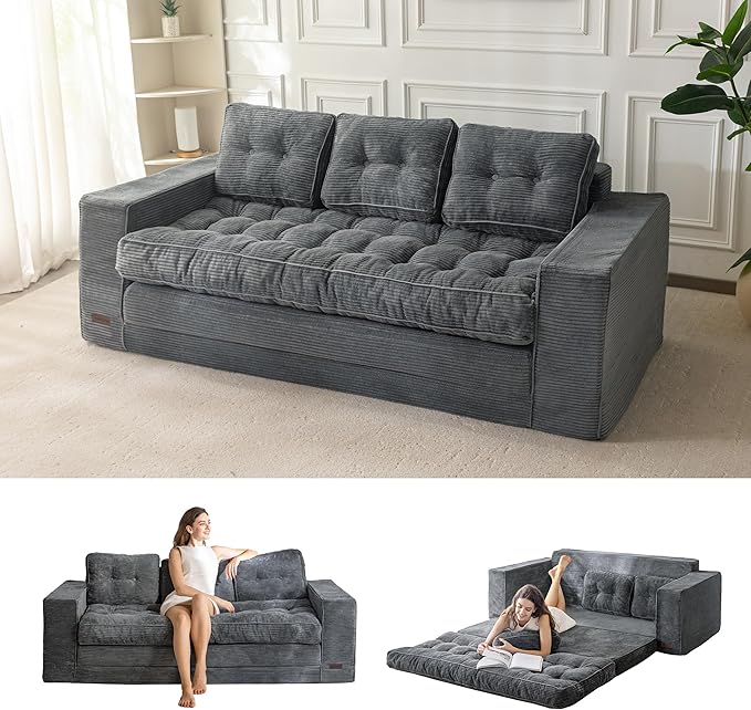 MAXYOYO Convertible Sofa Bed, Pull Out 3 Seater Sleeper Sofa, 2 in 1 Folding Couch Bed, Fold Out Floor Couch with Pillows for Living Room Bedroom Lounge, Dark Grey