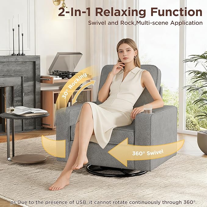 Swivel Square Accent Chair with Wide Armrests,360° Rotating Comfy Single Sofa Chairs with USB/Type-C,Cup Holder & Side Pocket,Modern Armchair for Living Room Bedroom Reading Lounge Nook,Light Grey | Swivel Accent Chair, with USB/Type-C, Cup Holder, Sid...