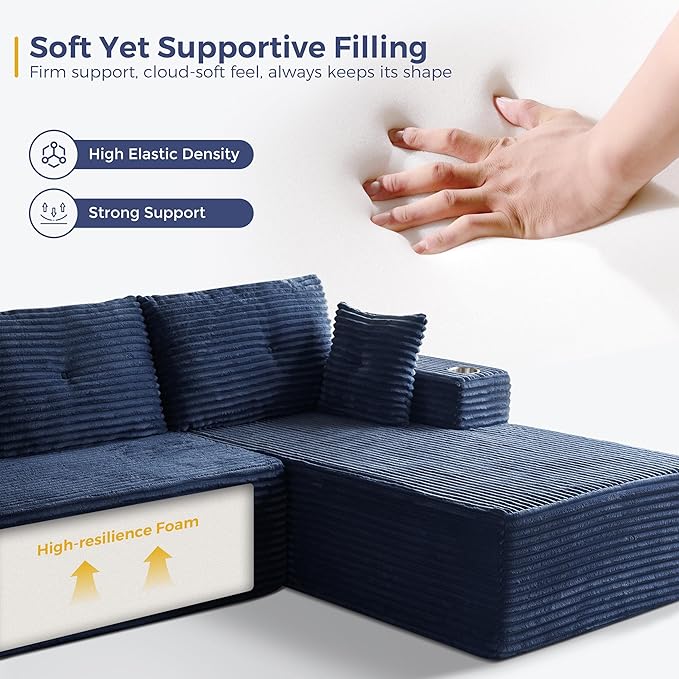 MAXYOYO 104" U-Shaped Modular Sectional Couch, Modern Boneless Couch for Living Room, Sofa in A Box, Oversized Sofa Sleeper with Deep Seat, No Assembly Required, Navy