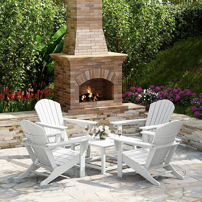 Costaelm Patio Conversation Set, Patio Chairs Set of 5 Balcony Firepit Furniture Outdoor Adirondack Square Table and Chair Backyard Furniture Set for Lawn Porch Pool Garden, White