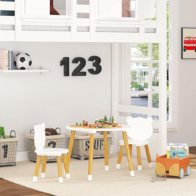 UTEX Kids Wood Table and Chair Set, Kids Play Table with 2 Chairs,3 Pieces Wood Round Table for Toddlers, Girls, Boys,White