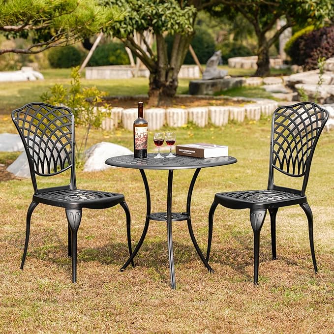 Withniture 3 Piece Bistro Table Set Anti-Rust Outdoor Bistro Set Cast Alumiunm Patio Table and Chairs Set for 2, Patio Bistro Set Furniture Black