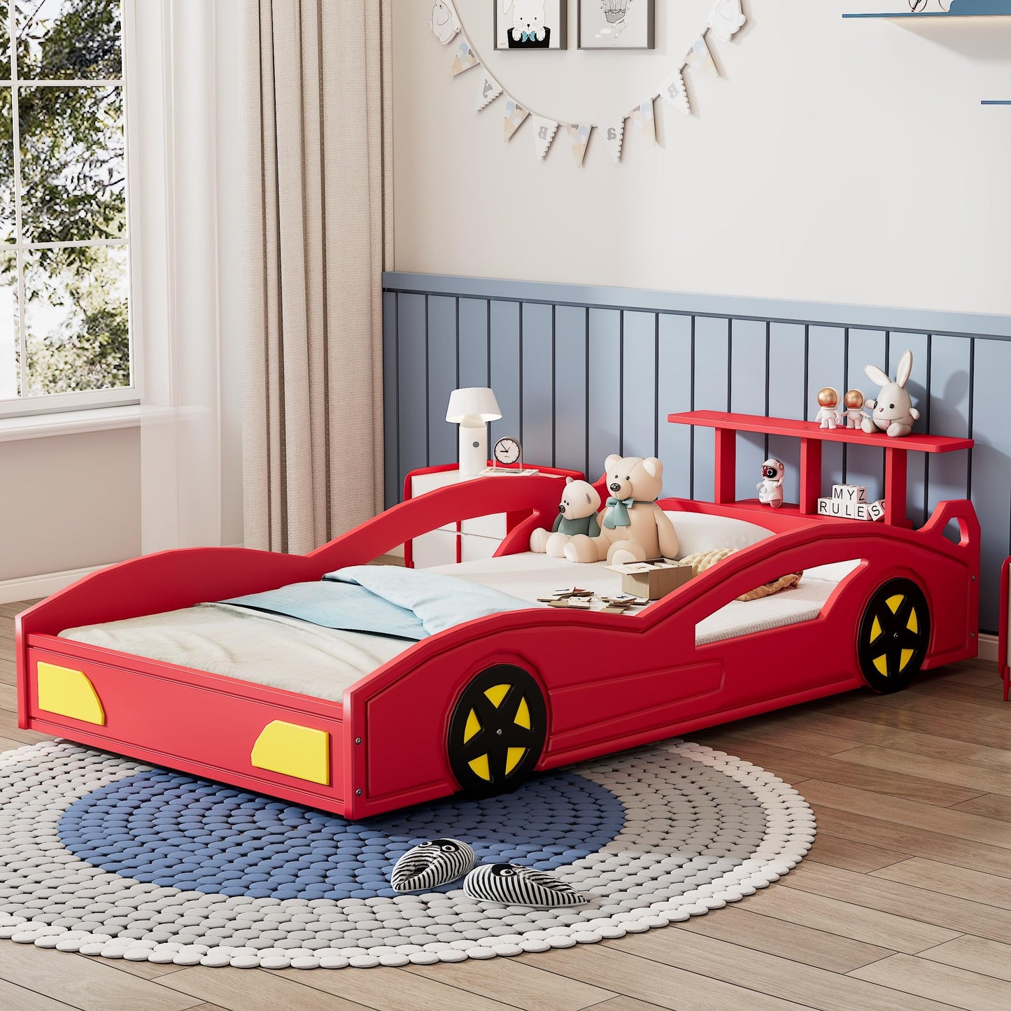 Twin Size Bed Frame for Kids, Twin Floor Bed with Rails, Wooden Race Car Bed, Car-Shaped Platform Twin Bed with Wheels,Mattress Foundation,Wood Slat Support, No Box Spring Needed, Red