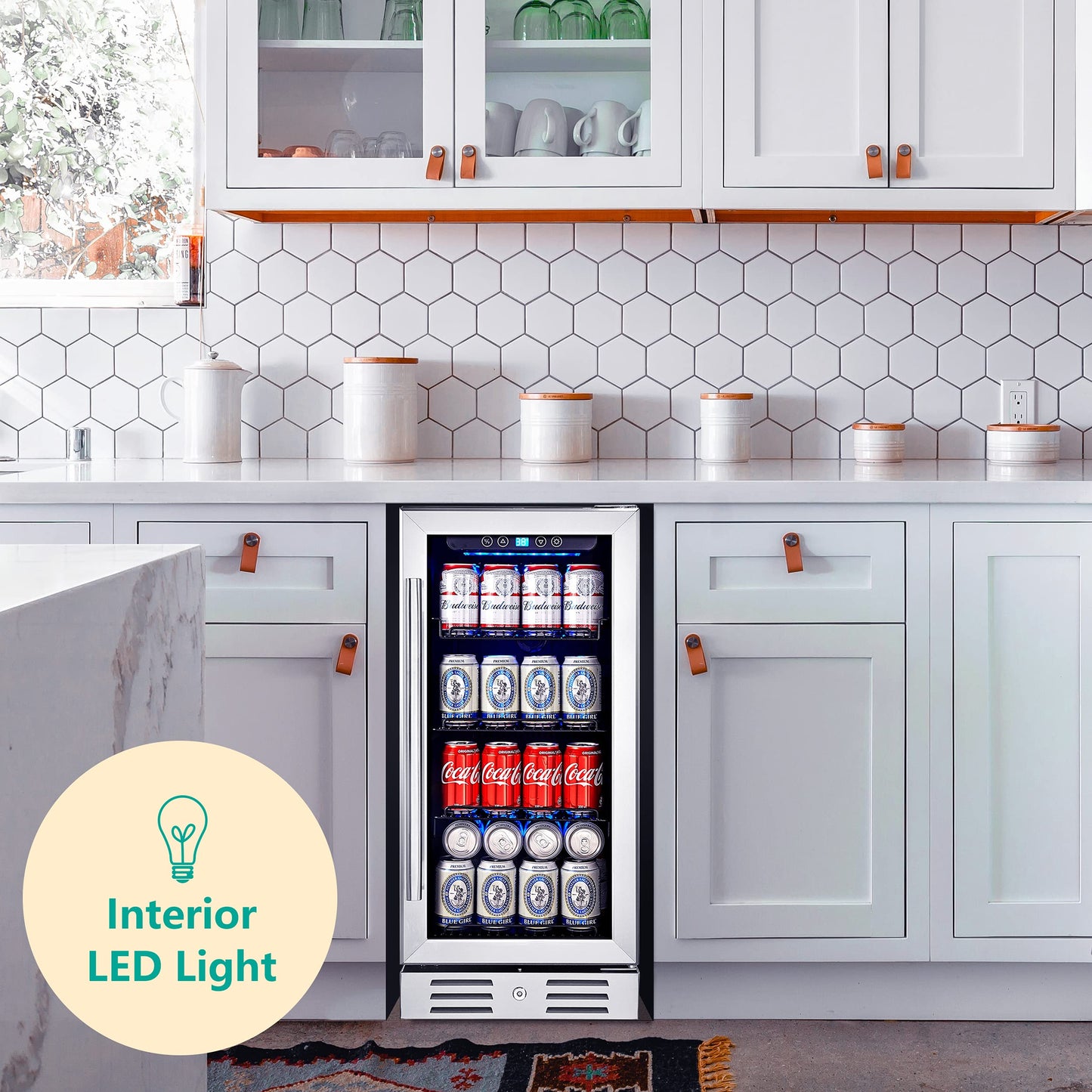 15 Inch Beverage Cooler and Kalamera Refrigerator Under Counter Built-in or Freestanding - 96 Cans Capacity Mini Fridge- for Soda, Water, Beer or Wine - For Kitchen or Bar with Blue Interior Light