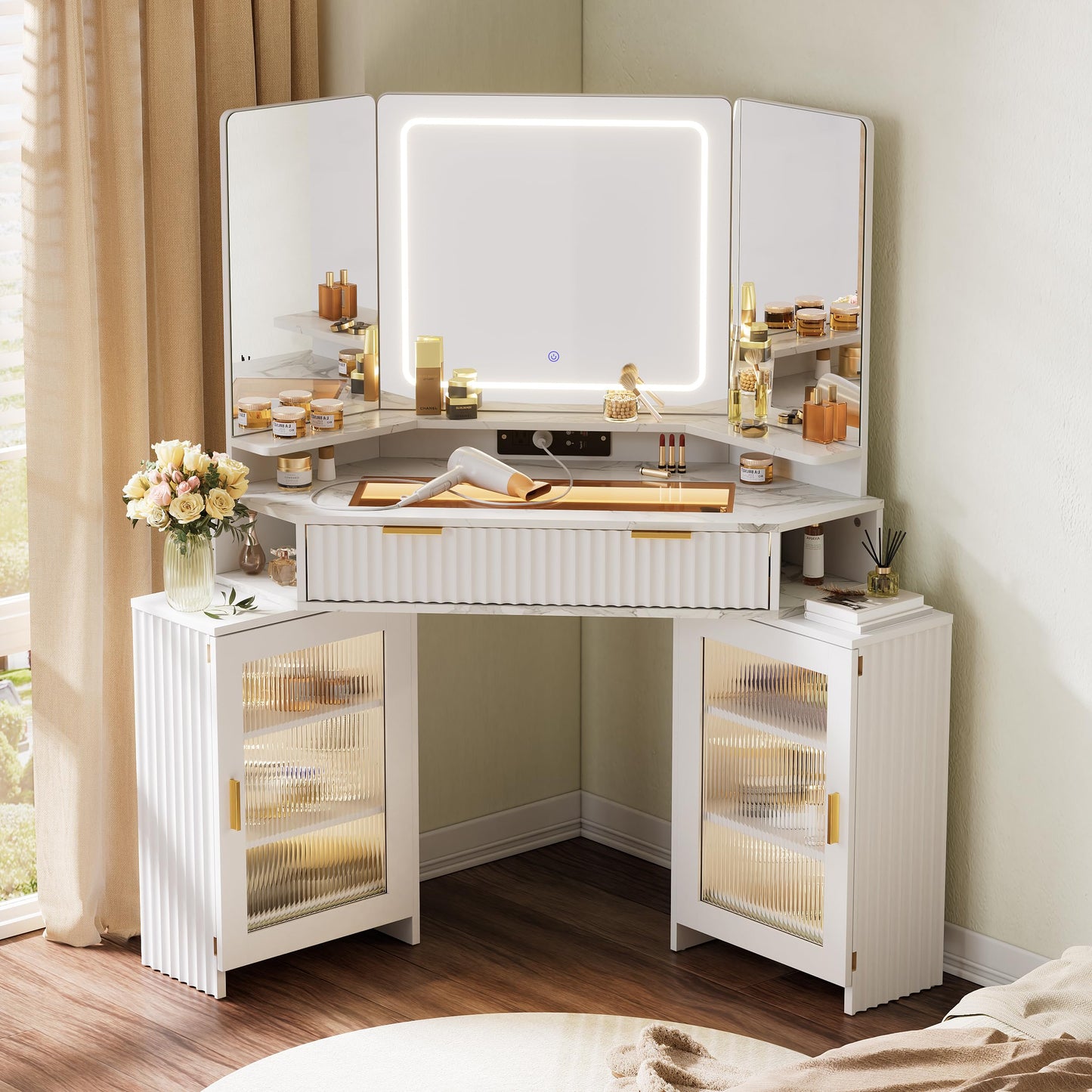 PAKASEPT Corner Vanity Desk with 3 Way Mirror and Lights, Fluted Makeup Vanity Desk with Glass Top, Charging Station, Storage Cabinets & Drawers, Small Corner Vanity for Bedroom