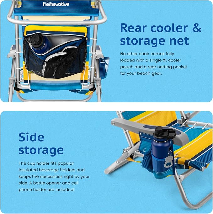 Homevative Cooler+ Folding Backpack Beach Chair with 5 Positions, Towel bar, XL Cooler Pouch, Storage Net, Cup and Phone Holder, Sunshine, 2 Pack
