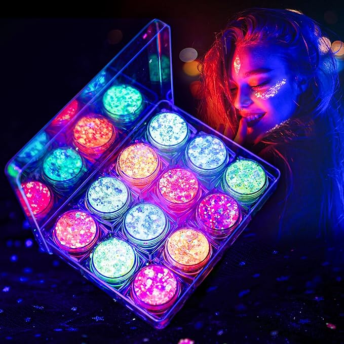 Glow in The Dark Body Face Glitter Gel for Women, 12 Colors Glitter Gel Makeup Chunky Fine Glitter, UV Black Light Accesso...